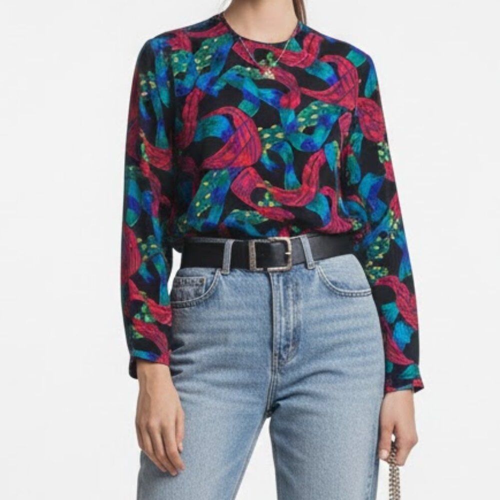 Vintage 80s Bold Abstract Silk Blouse Maximalist Memphis Design Print Sz 8